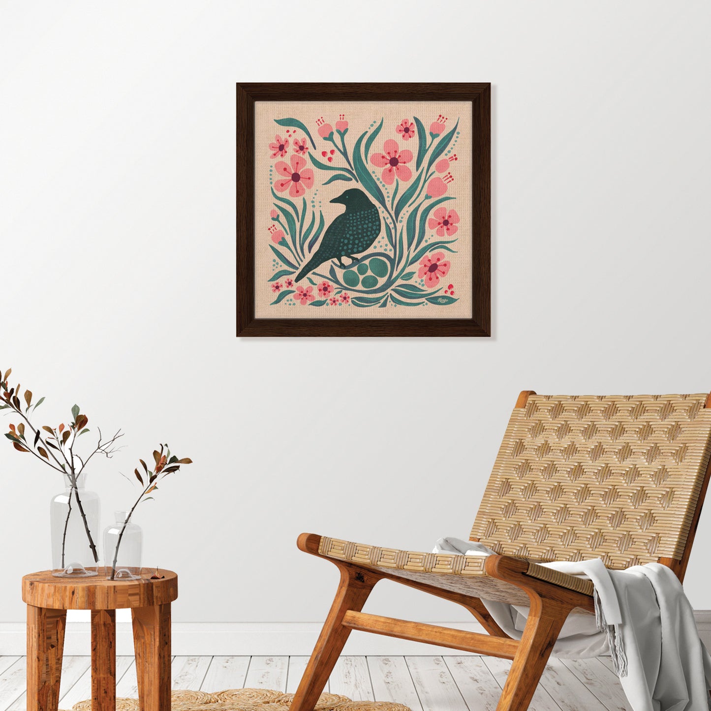 Blue Bird Fly Botanical Print | Cherry Blossoms and Black Bird Nest | Spring Blooms | Folk Art | Flora and Fauna | Artist Illustrated