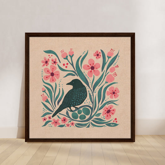 Blue Bird Fly Framed Canvas Print | Cherry Blossoms and Black Bird Nest | Spring Blooms | Folk Art