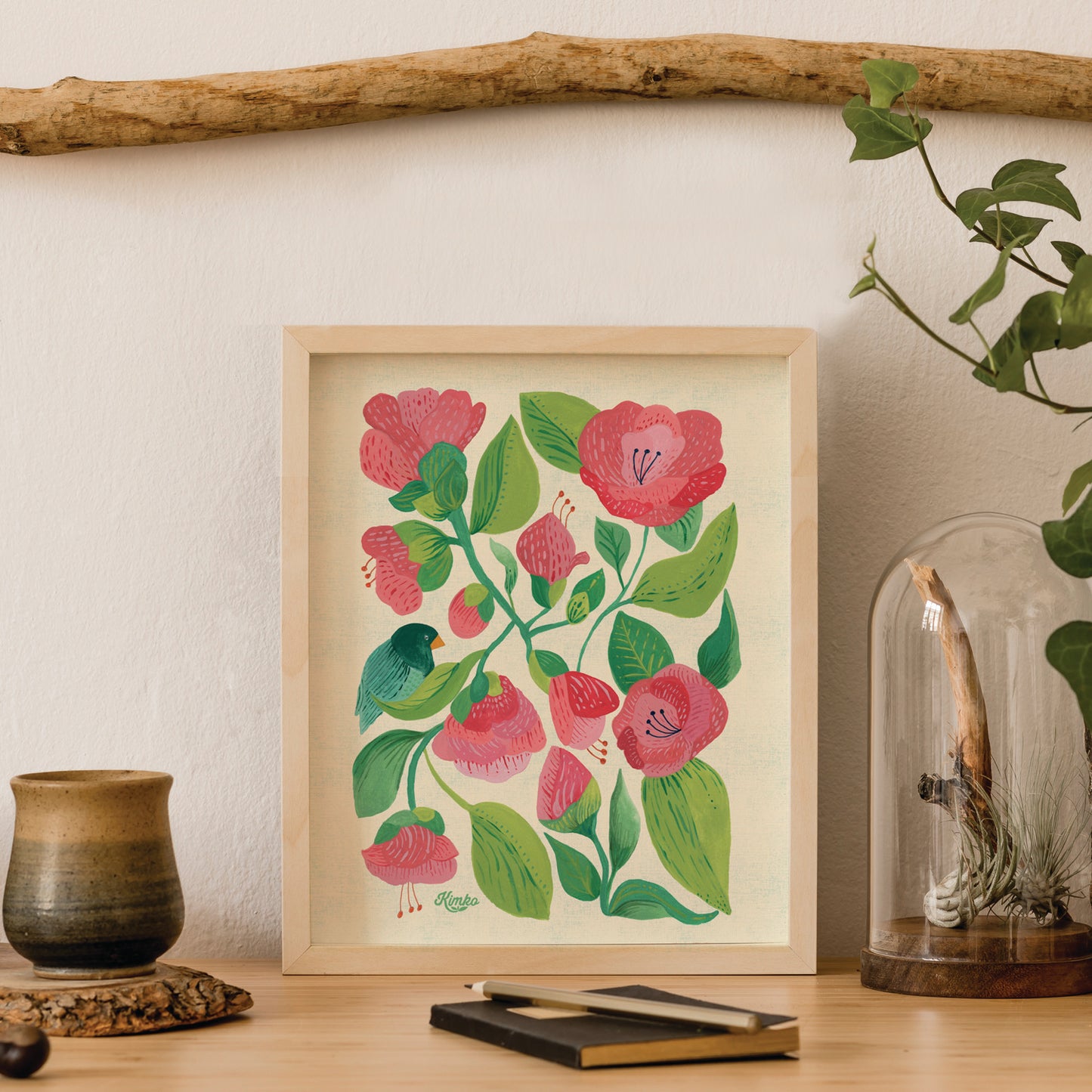 "Birdsong" | Camellias & Bluebird | Botanical Art Print