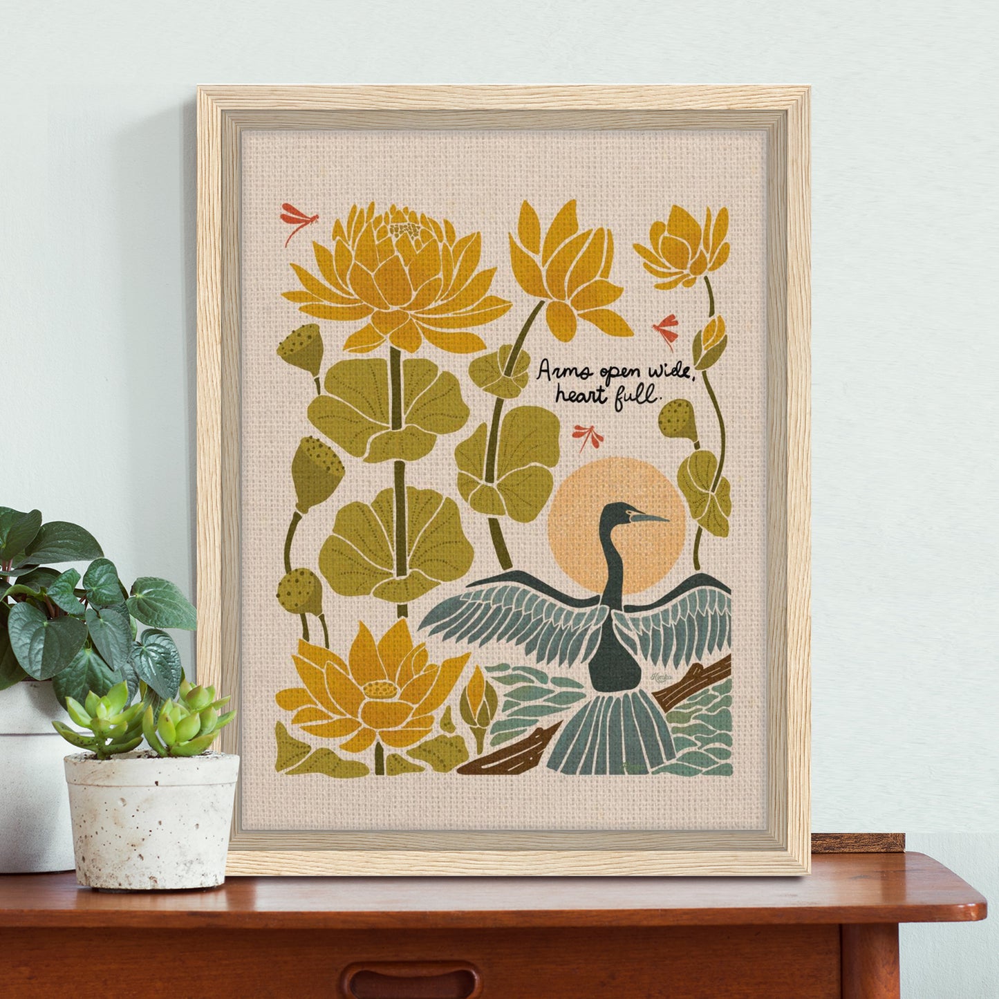 "Arms Wide Open, Heart Full." | Bird & Lotus Flower Botanical Framed Wall Art