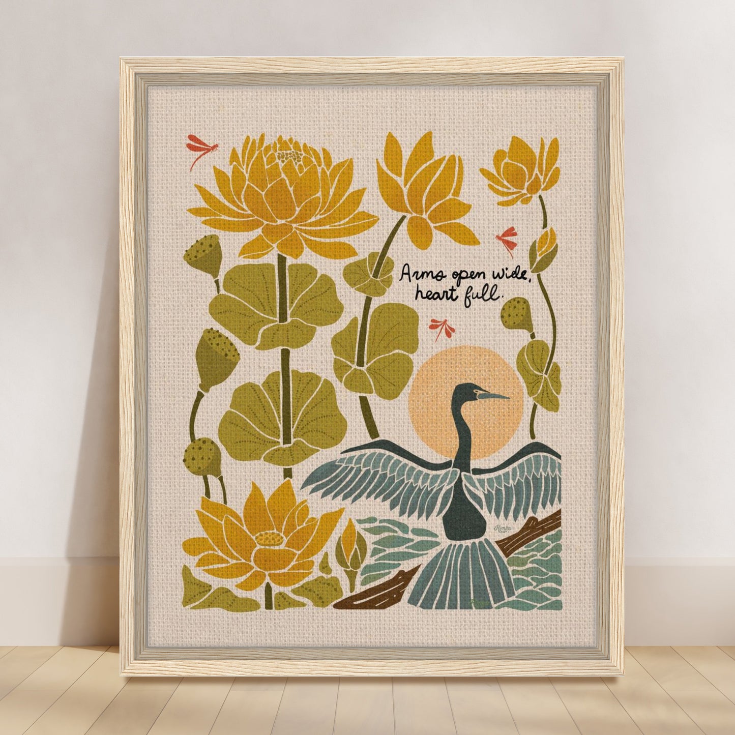 "Arms Wide Open, Heart Full." | Bird & Lotus Flower Botanical Framed Wall Art