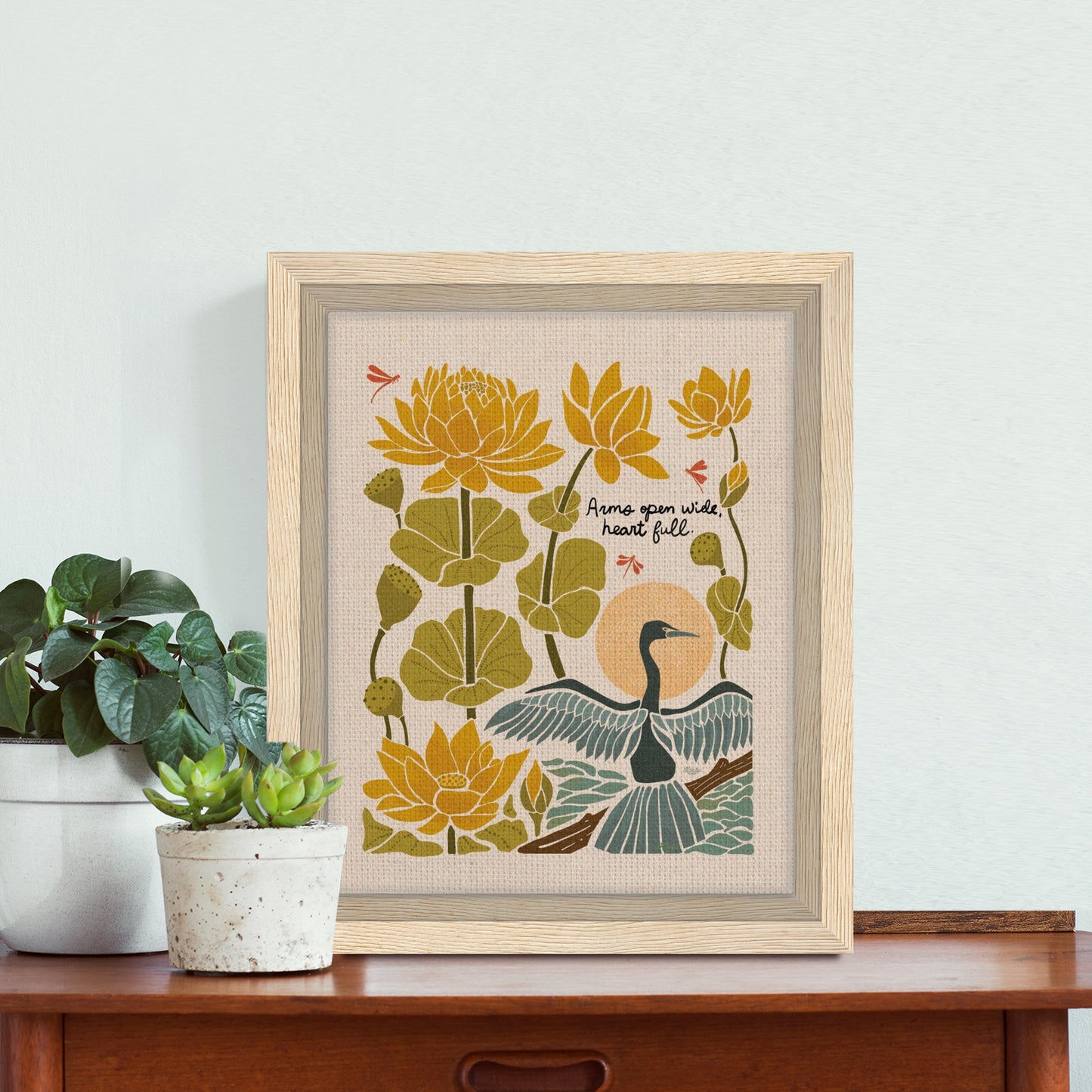 "Arms Wide Open, Heart Full." | Bird & Lotus Flower Botanical Framed Wall Art