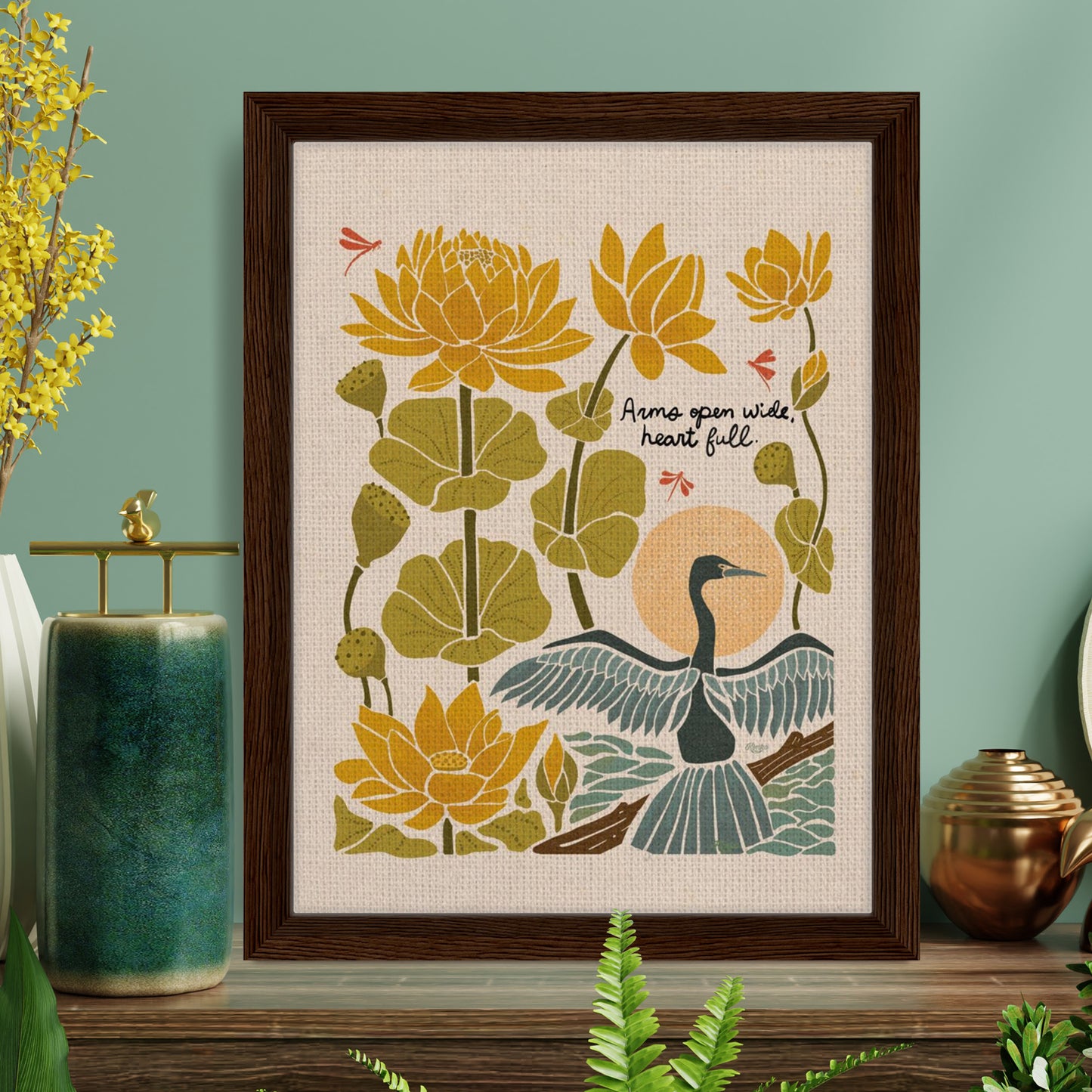 "Arms Wide Open, Heart Full." | Bird & Lotus Flower Botanical Framed Wall Art