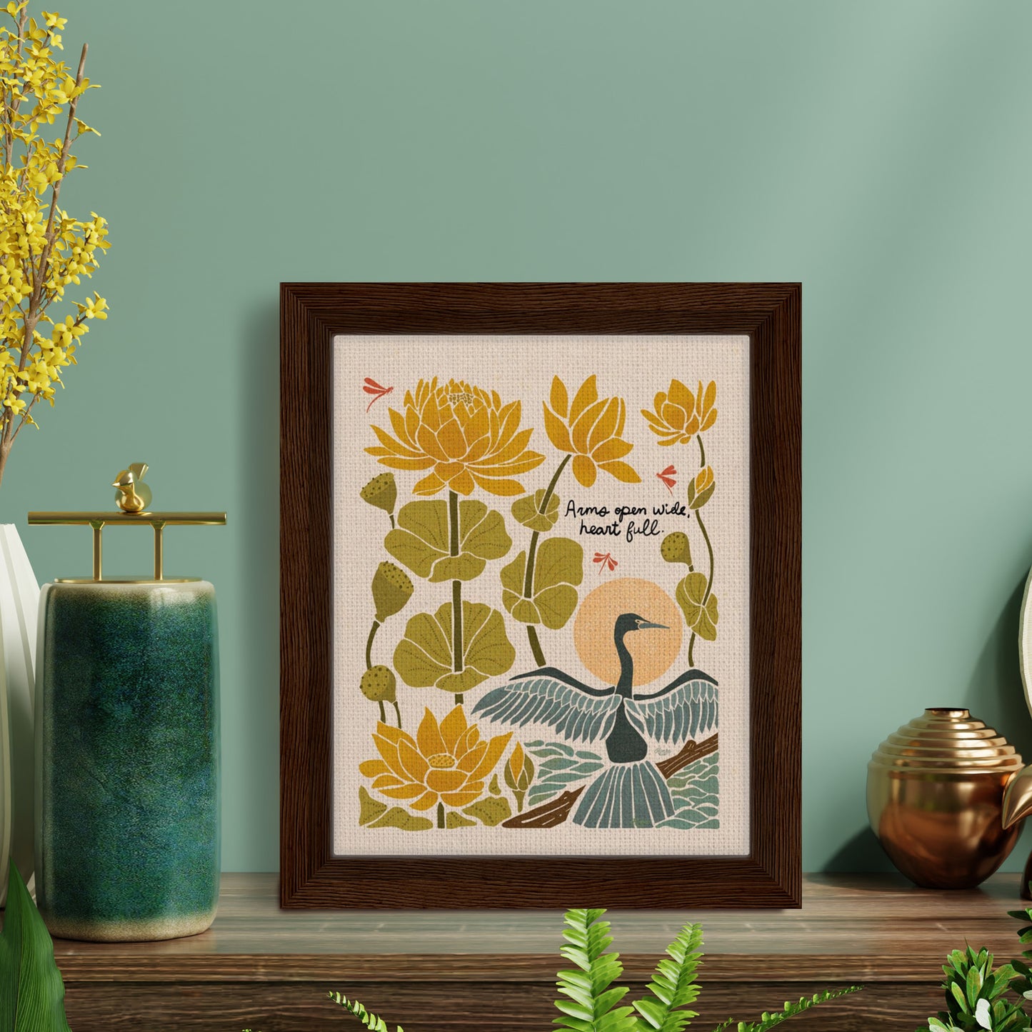"Arms Wide Open, Heart Full." | Bird & Lotus Flower Botanical Framed Wall Art