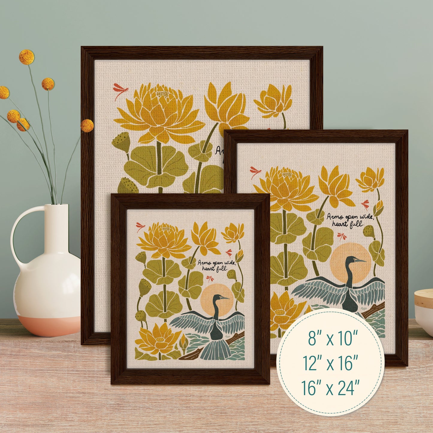 "Arms Wide Open, Heart Full." | Bird & Lotus Flower Botanical Framed Wall Art