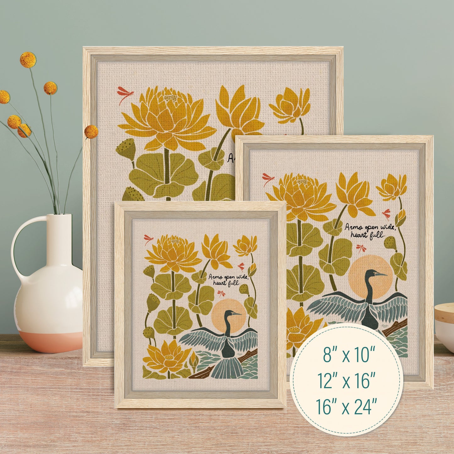 "Arms Wide Open, Heart Full." | Bird & Lotus Flower Botanical Framed Wall Art