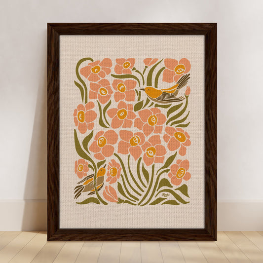 Botanical Dahlias and Goldfinch Print | Framed Canvas Wall Art