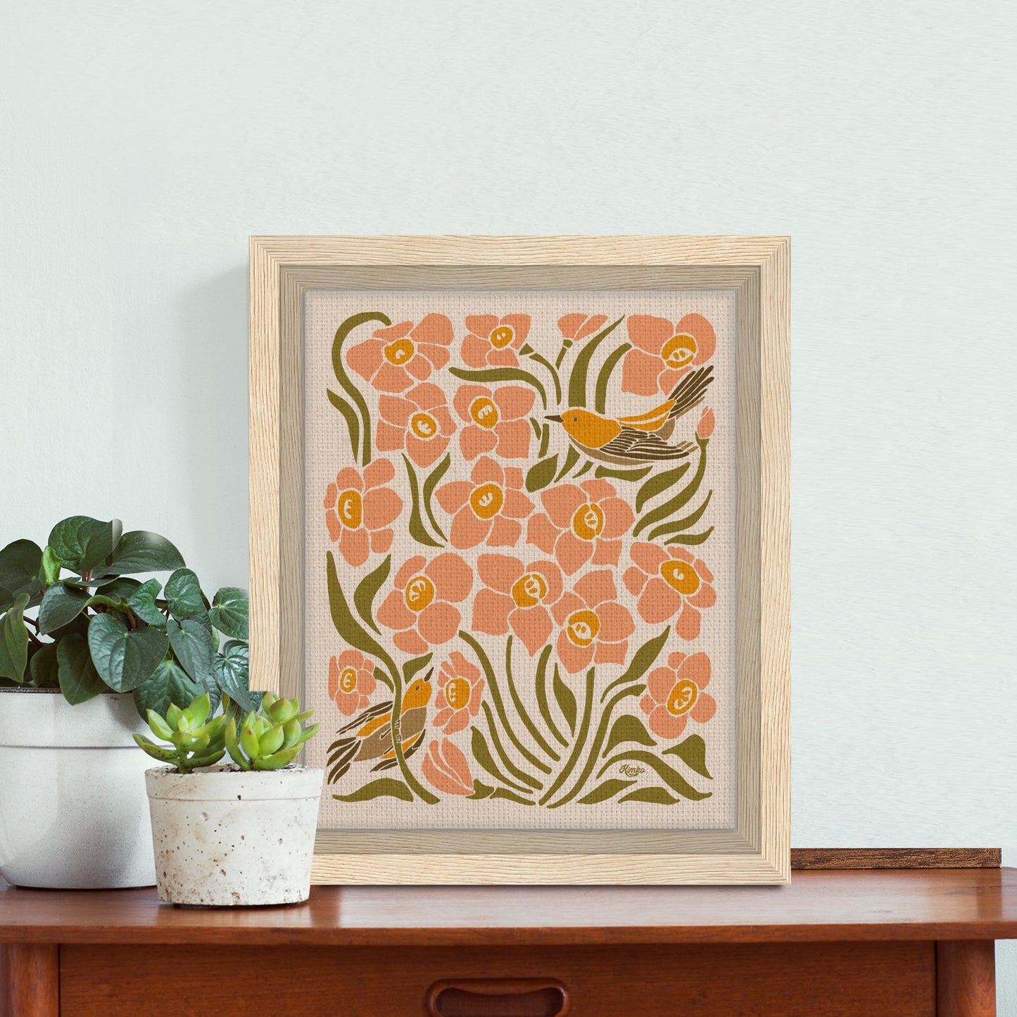 Botanical Dahlias and Goldfinch Print | Framed Canvas Wall Art