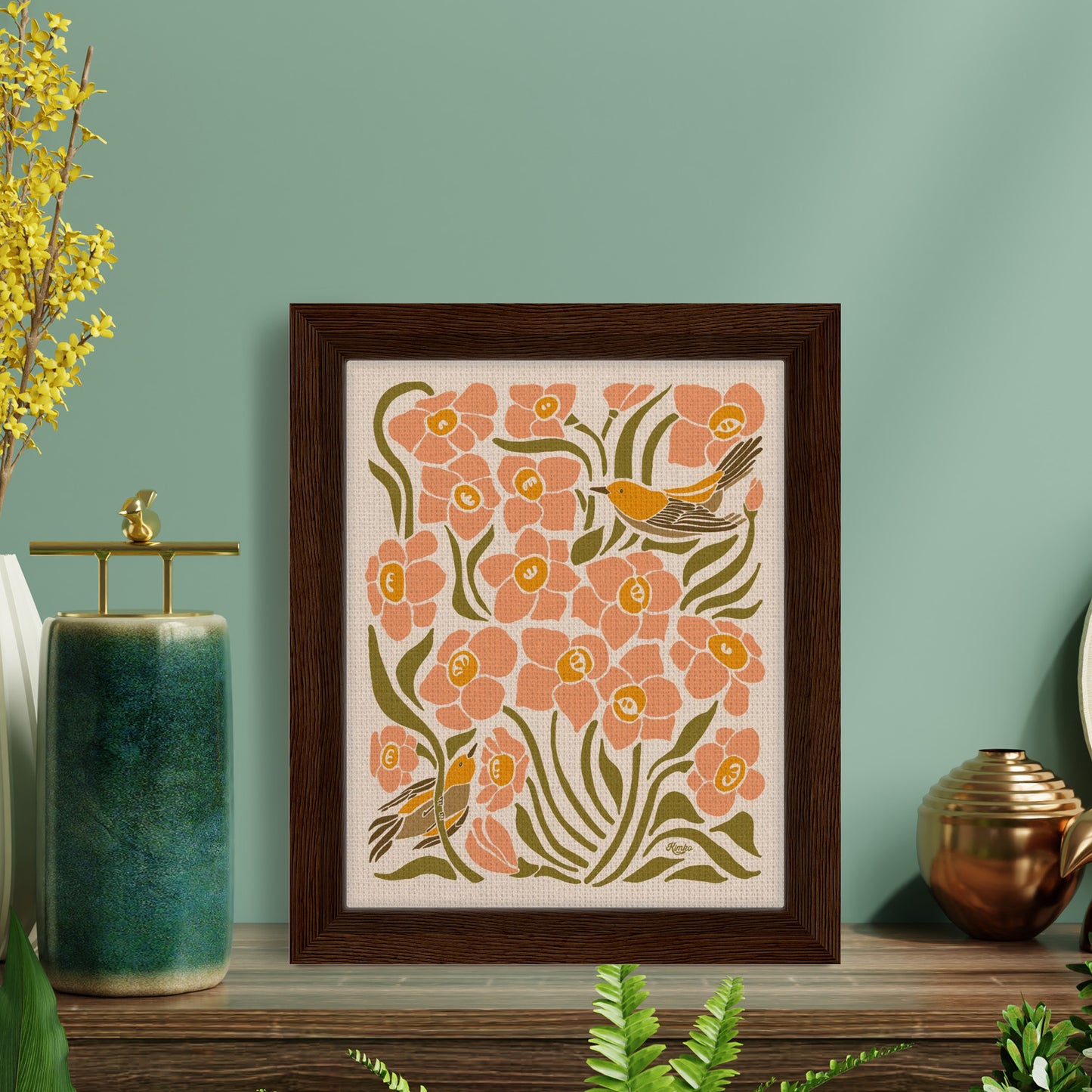 Botanical Dahlias and Goldfinch Print | Framed Canvas Wall Art