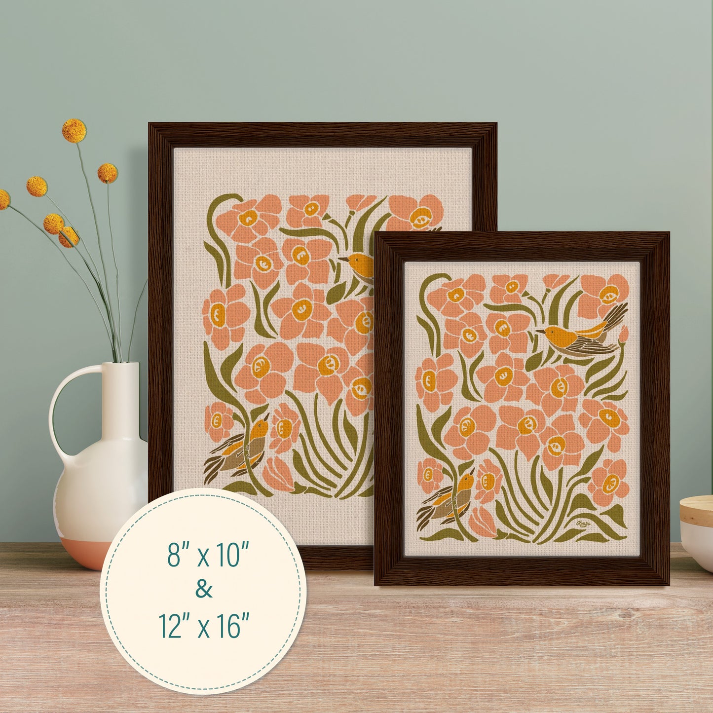 Botanical Dahlias and Goldfinch Print | Framed Canvas Wall Art