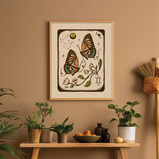 Gemini Twin Butterfly Folk Art | Art Print