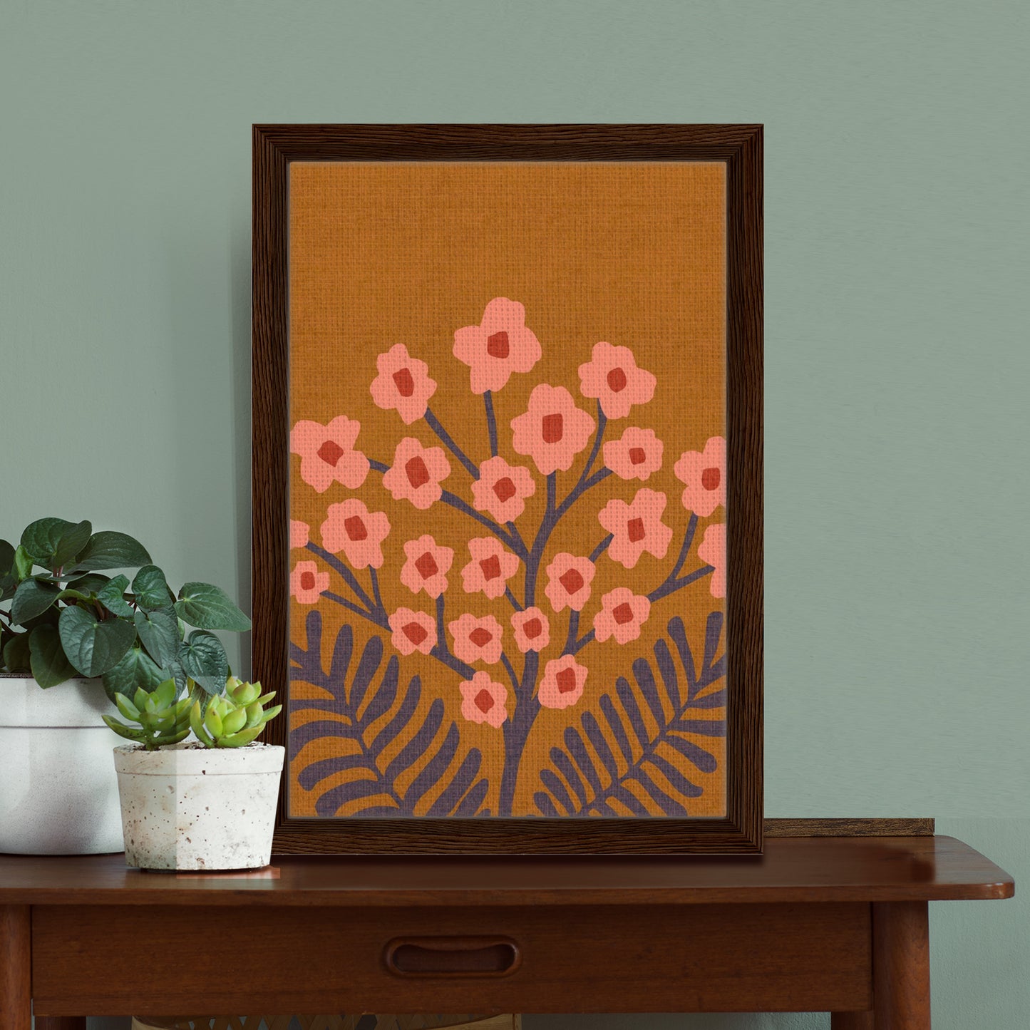 Gypsophilia Folk Floral in Golden Pink | Framed Canvas Wall Art