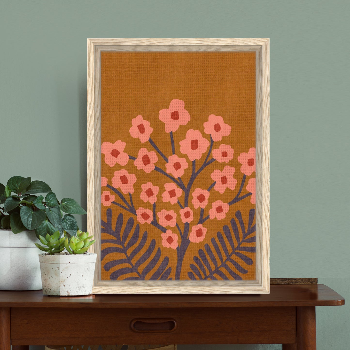 Gypsophilia Folk Floral in Golden Pink | Framed Canvas Wall Art