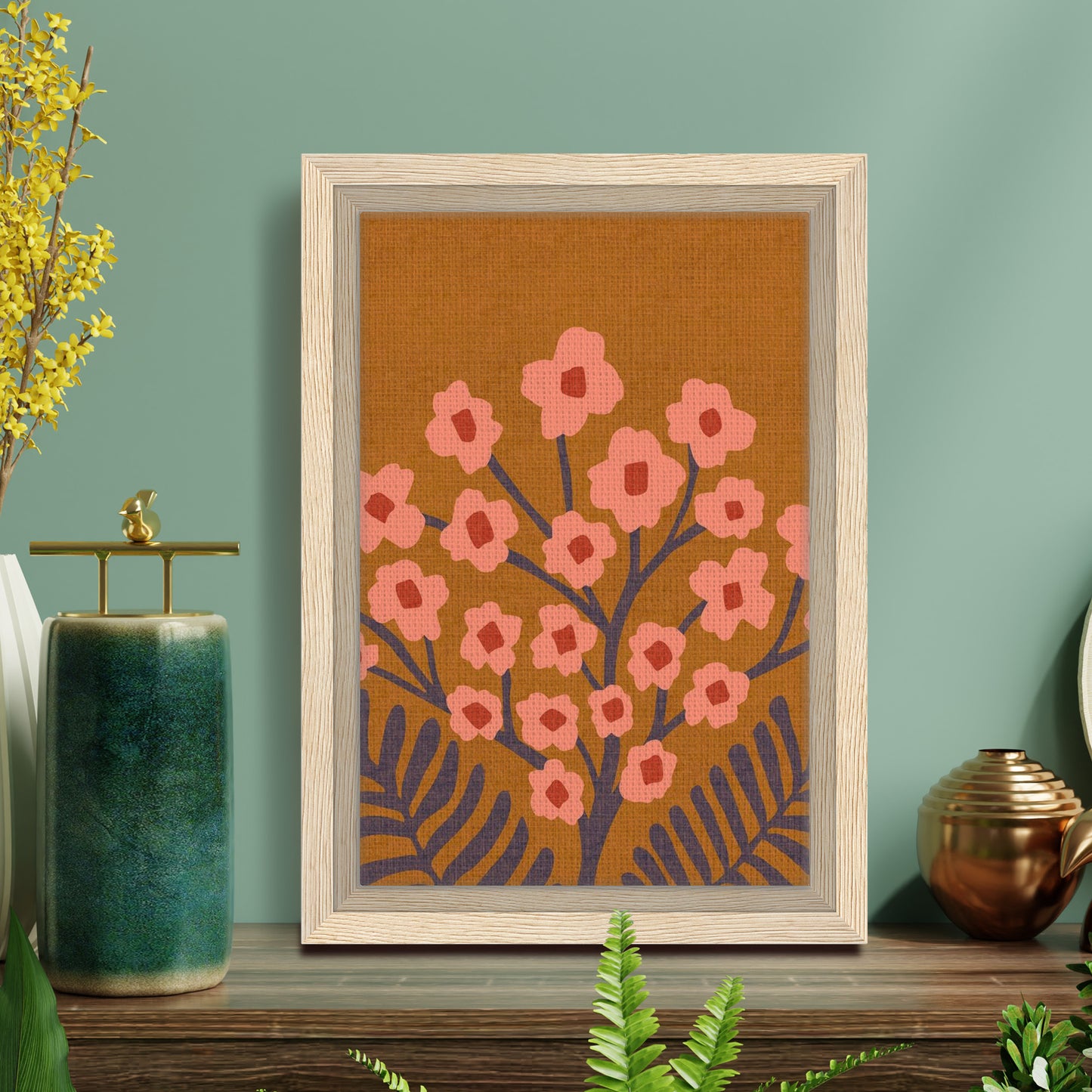 Gypsophilia Folk Floral in Golden Pink | Framed Canvas Wall Art