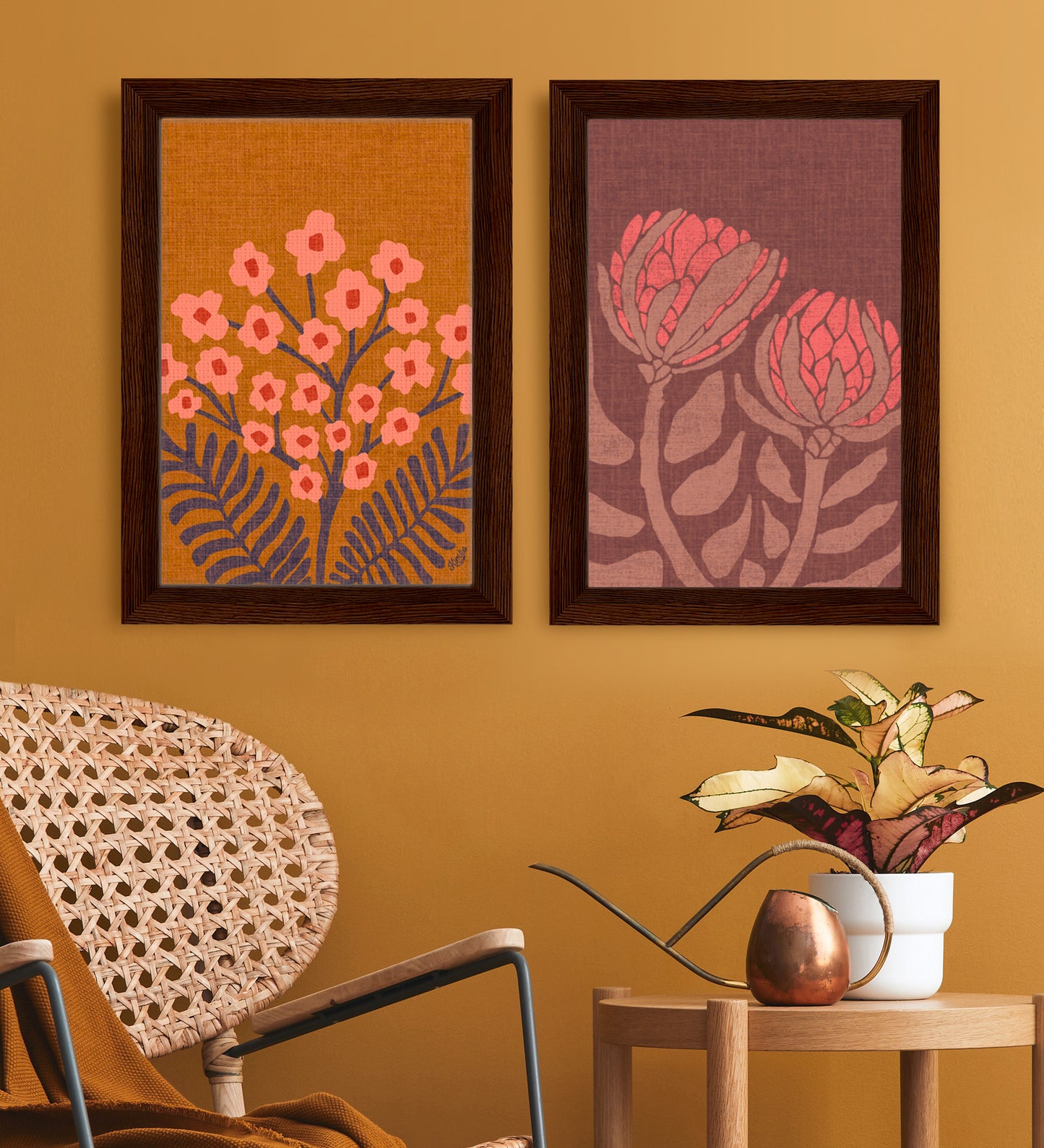 Gypsophilia Folk Floral in Golden Pink | Framed Canvas Wall Art