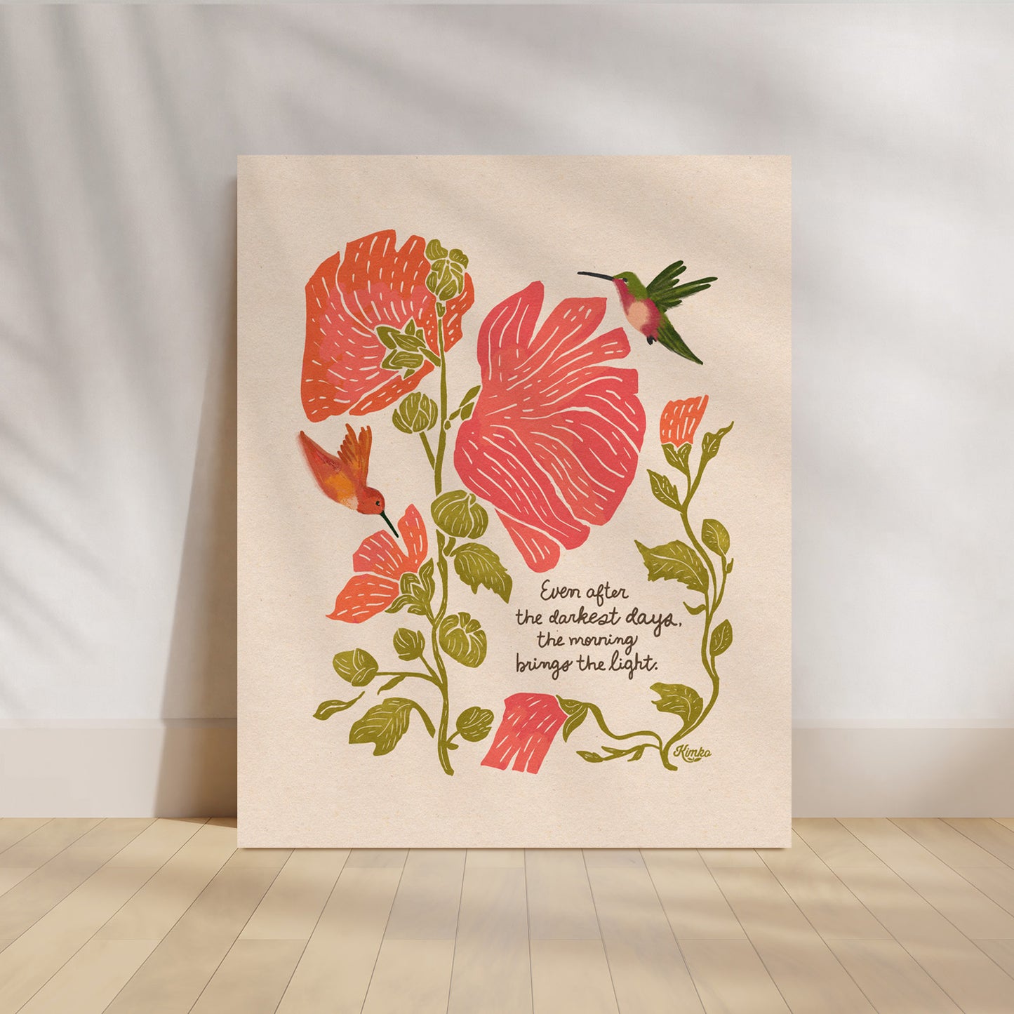 hummingbird and hollyhock botanical art print by kimko