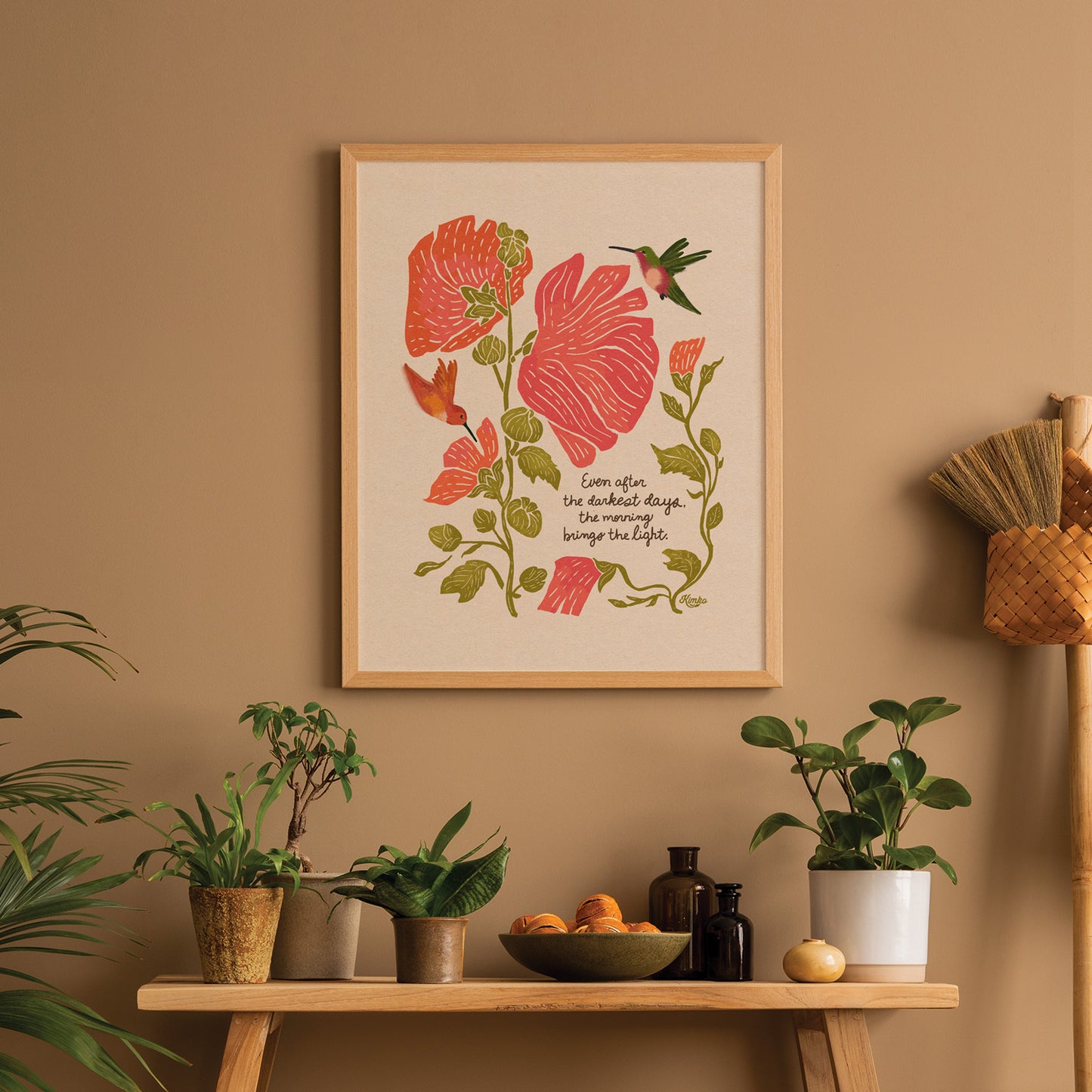 "Even after the darkest days, the morning brings the light." | Hummingbird & Hollyhocks Art Print