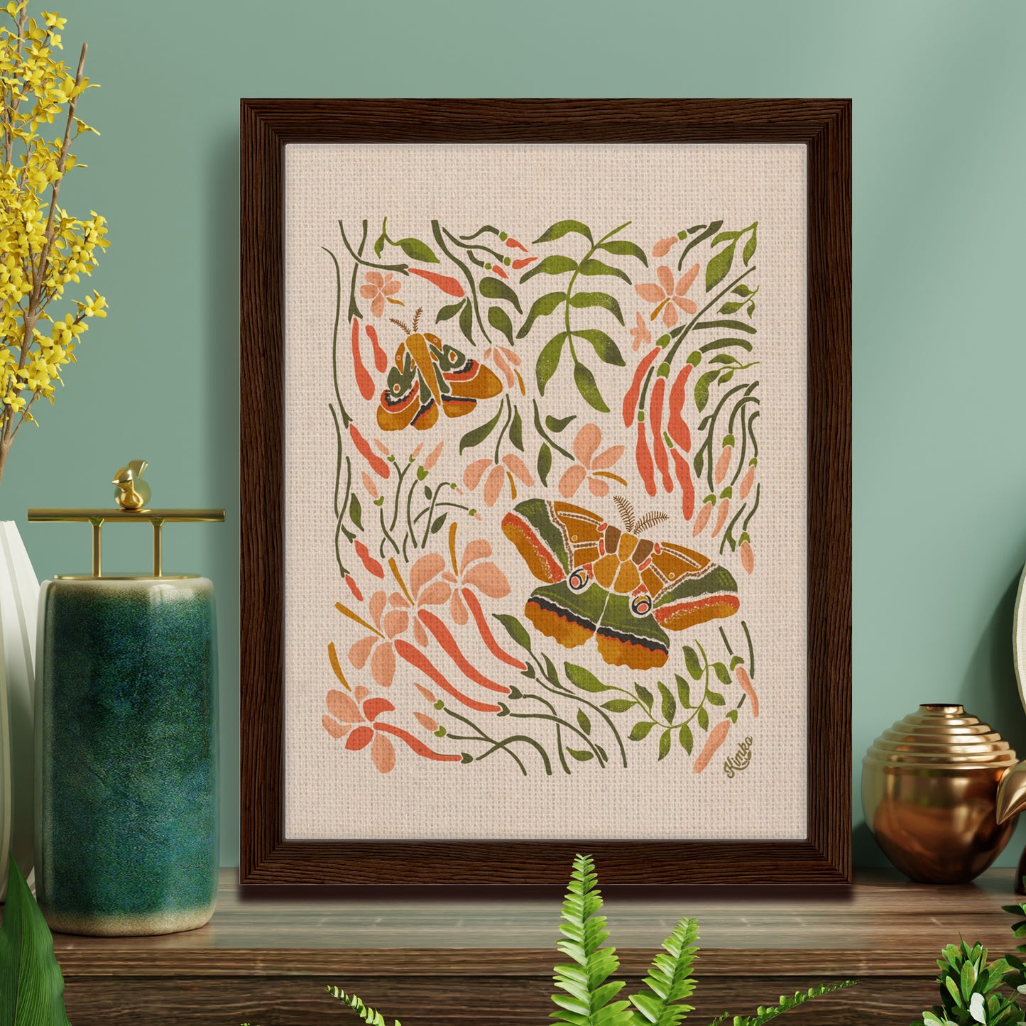 The Quilted Moths and Jasmine | Framed Canvas Wall Art