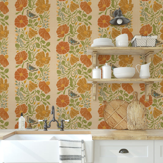 Butterfly & Poppy Garden | Cottagecore Retro 70s Inspired Wallpaper