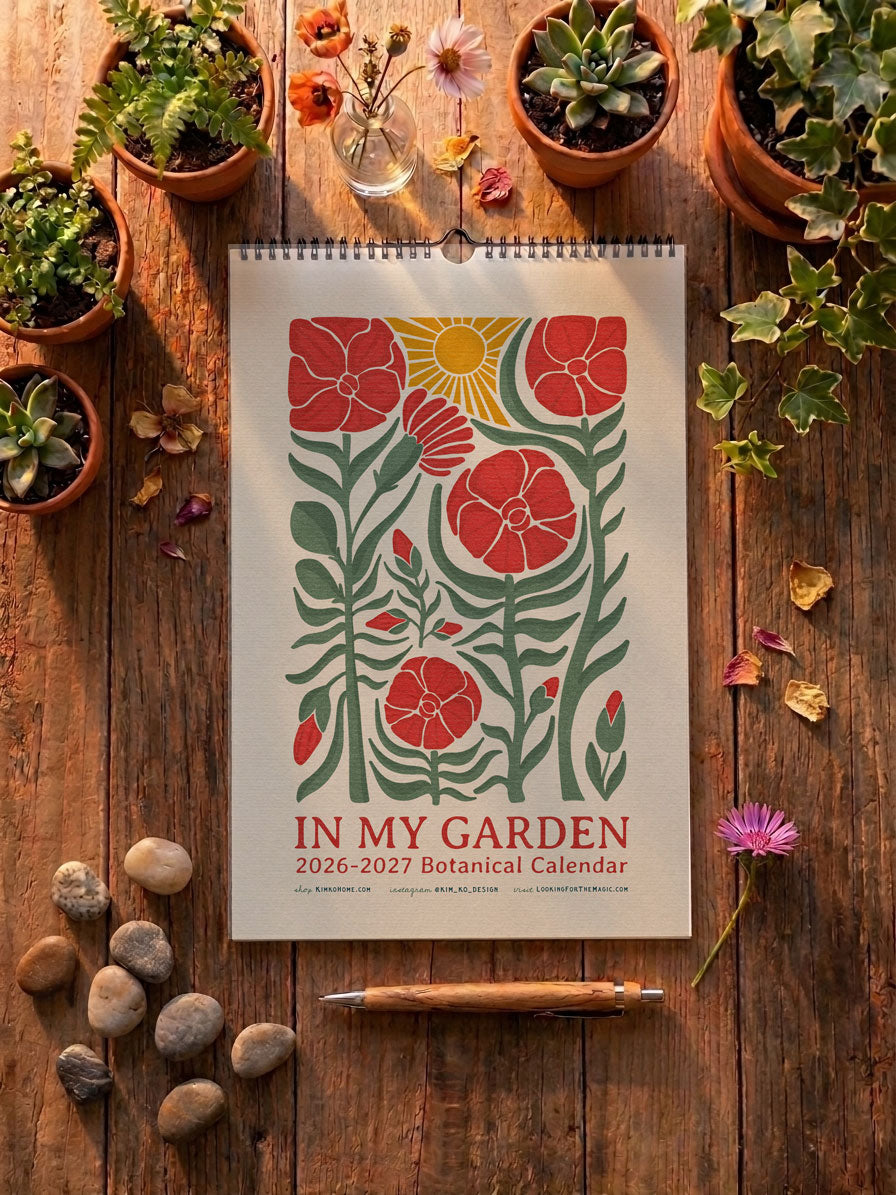 2026-27 Academic Year Floral Calendar - In the Garden Botanical Wall Planner - Folk Art Illustration - July 2026 to June 2027 Nature Gift