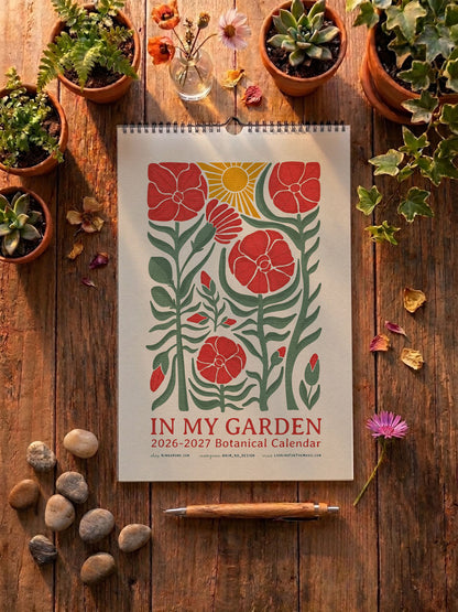 2026-27 Academic Year Floral Calendar - In the Garden Botanical Wall Planner - Folk Art Illustration - July 2026 to June 2027 Nature Gift