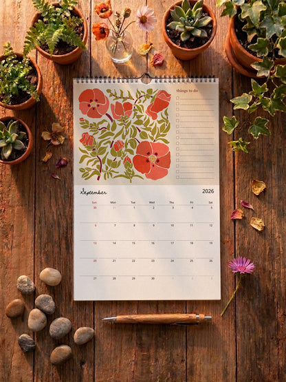 2026-27 Academic Year Floral Calendar - In the Garden Botanical Wall Planner - Folk Art Illustration - July 2026 to June 2027 Nature Gift