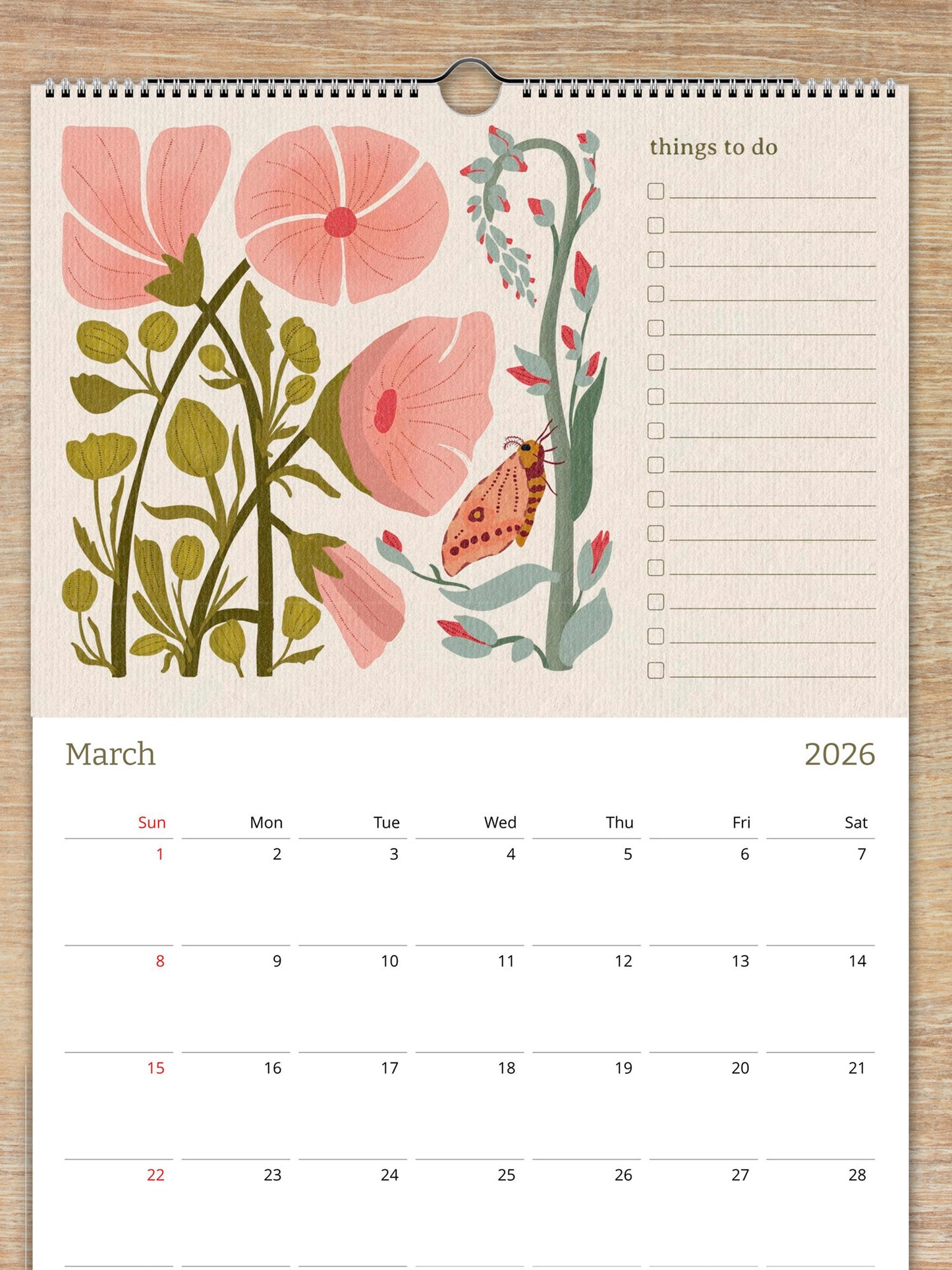 2026 In the Garden 12 Month Floral Blooms Calendar & To-Do List for Nature Lovers