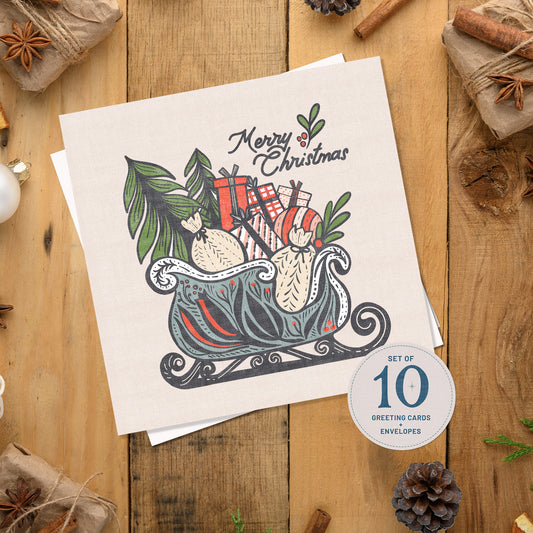 Boho Santa's Sleigh Christmas Cards Set | 10 Pack | Blank