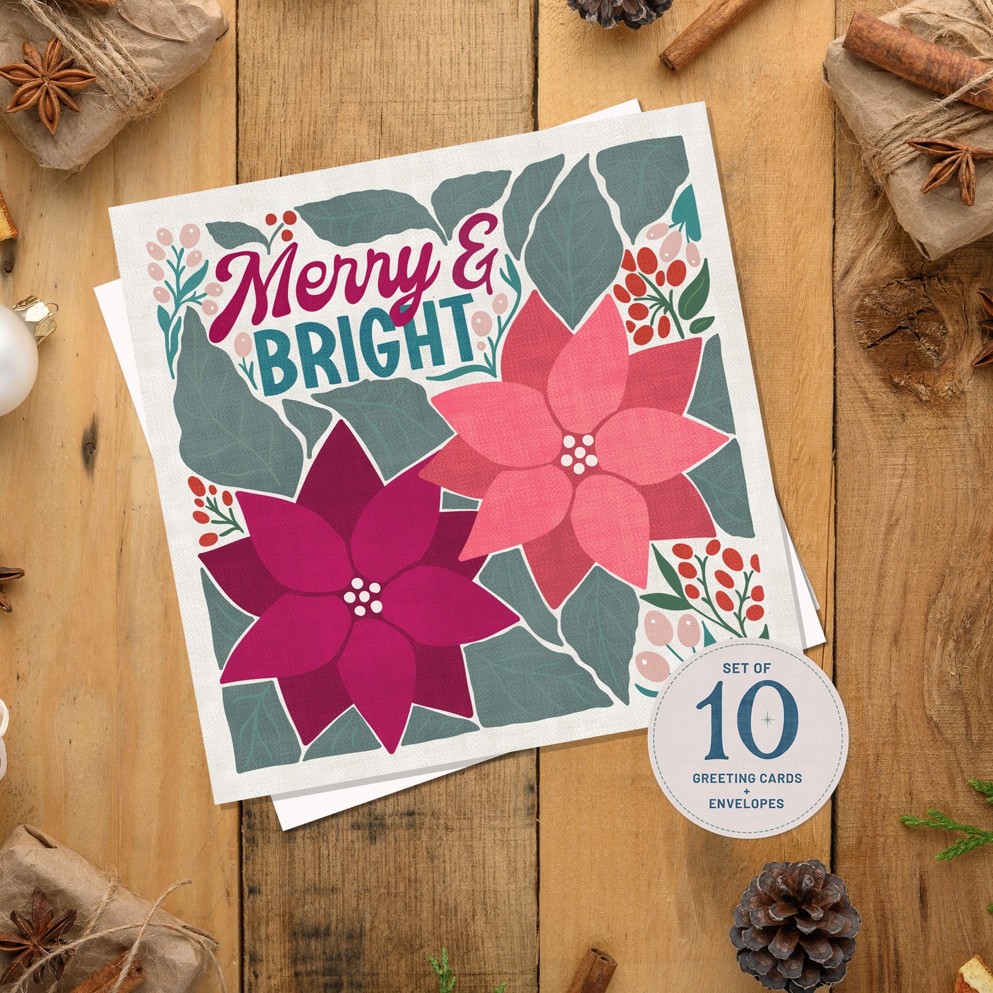 Merry and Bright Holiday Greeting Cards | 10 Pack | Blank