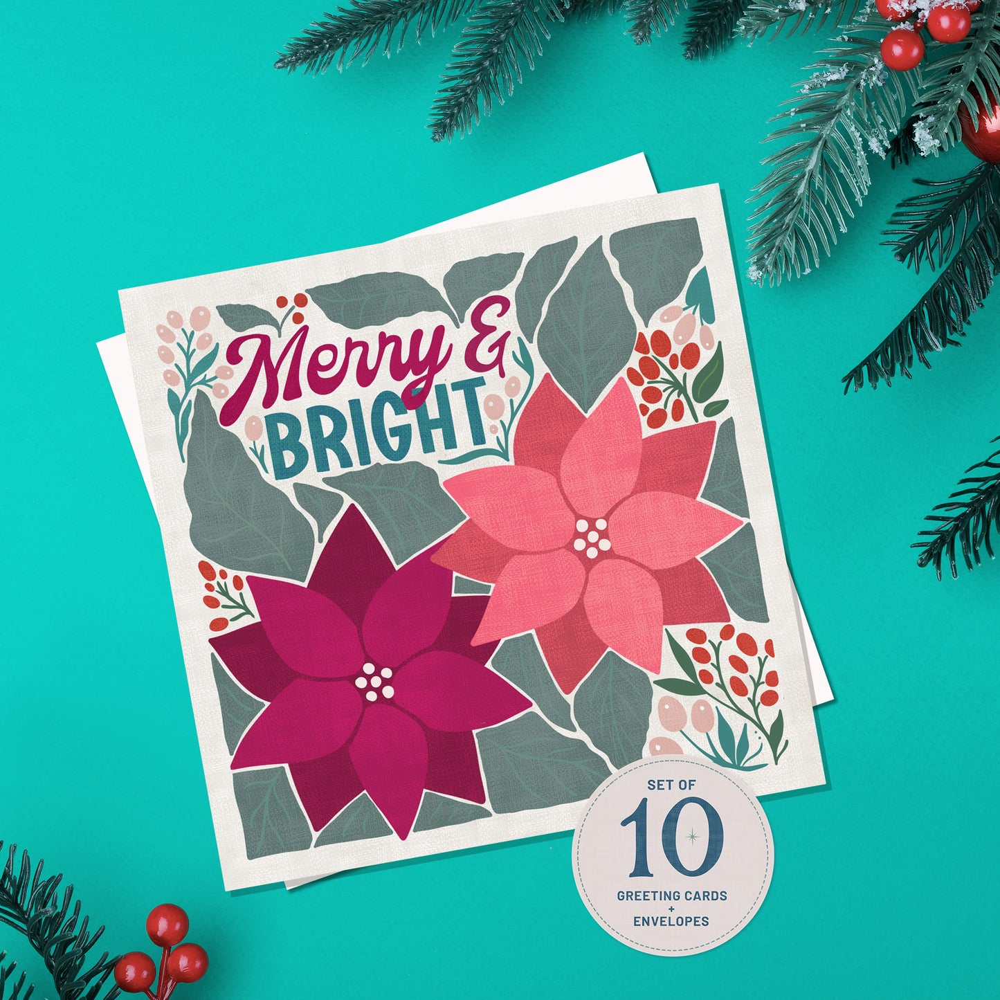 Merry and Bright Holiday Greeting Cards | 10 Pack | Blank