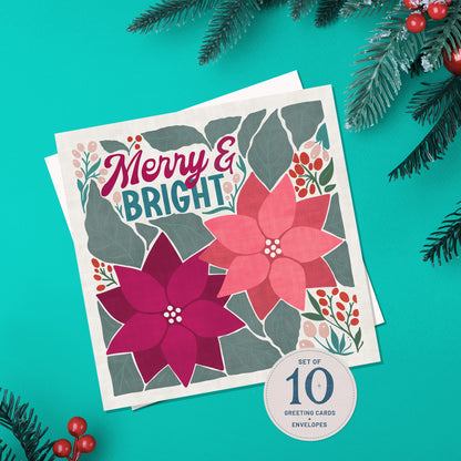 Merry and Bright Holiday Greeting Cards | 10 Pack | Blank