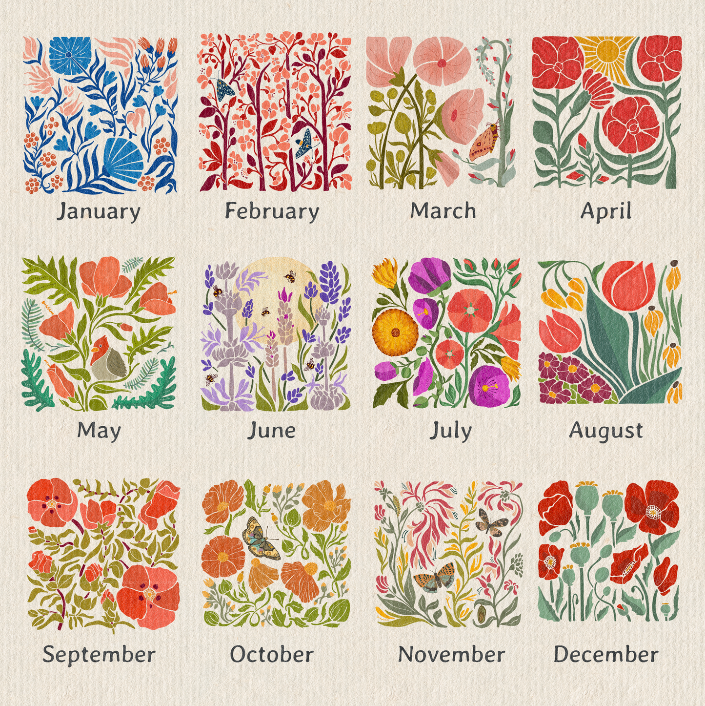2026-27 Academic Year Floral Calendar - In the Garden Botanical Wall Planner - Folk Art Illustration - July 2026 to June 2027 Nature Gift