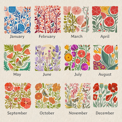 2026-27 Academic Year Floral Calendar - In the Garden Botanical Wall Planner - Folk Art Illustration - July 2026 to June 2027 Nature Gift