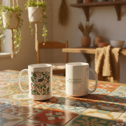 Modern Folk Art Mug with Crowned Bluebirds