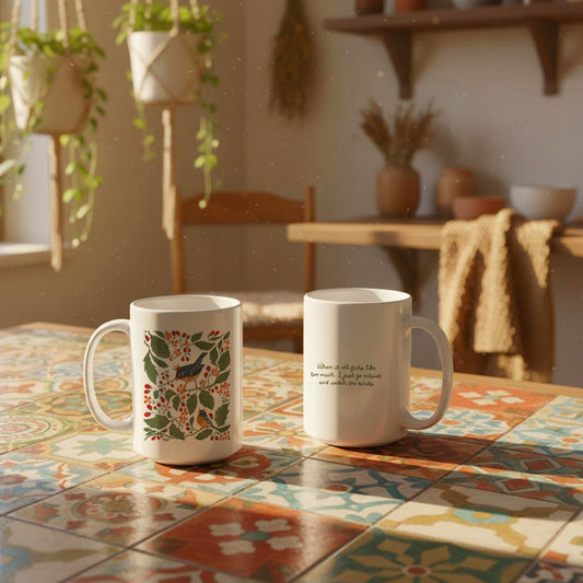 Modern Folk Art Mug with Crowned Bluebirds