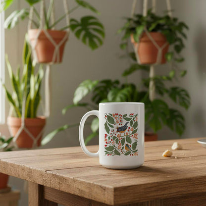 Modern Folk Art Mug with Crowned Bluebirds