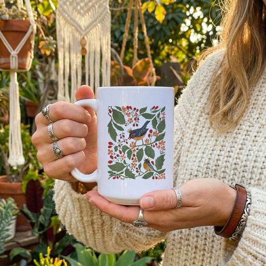 Modern Folk Art Mug with Crowned Bluebirds