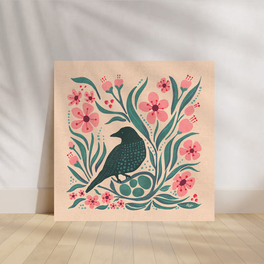 Blue Bird Fly Botanical Print | Cherry Blossoms and Black Bird Nest | Spring Blooms | Folk Art | Flora and Fauna | Artist Illustrated