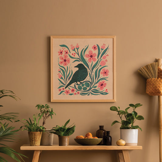 Blue Bird Fly Botanical Print | Cherry Blossoms and Black Bird Nest | Spring Blooms | Folk Art | Flora and Fauna | Artist Illustrated