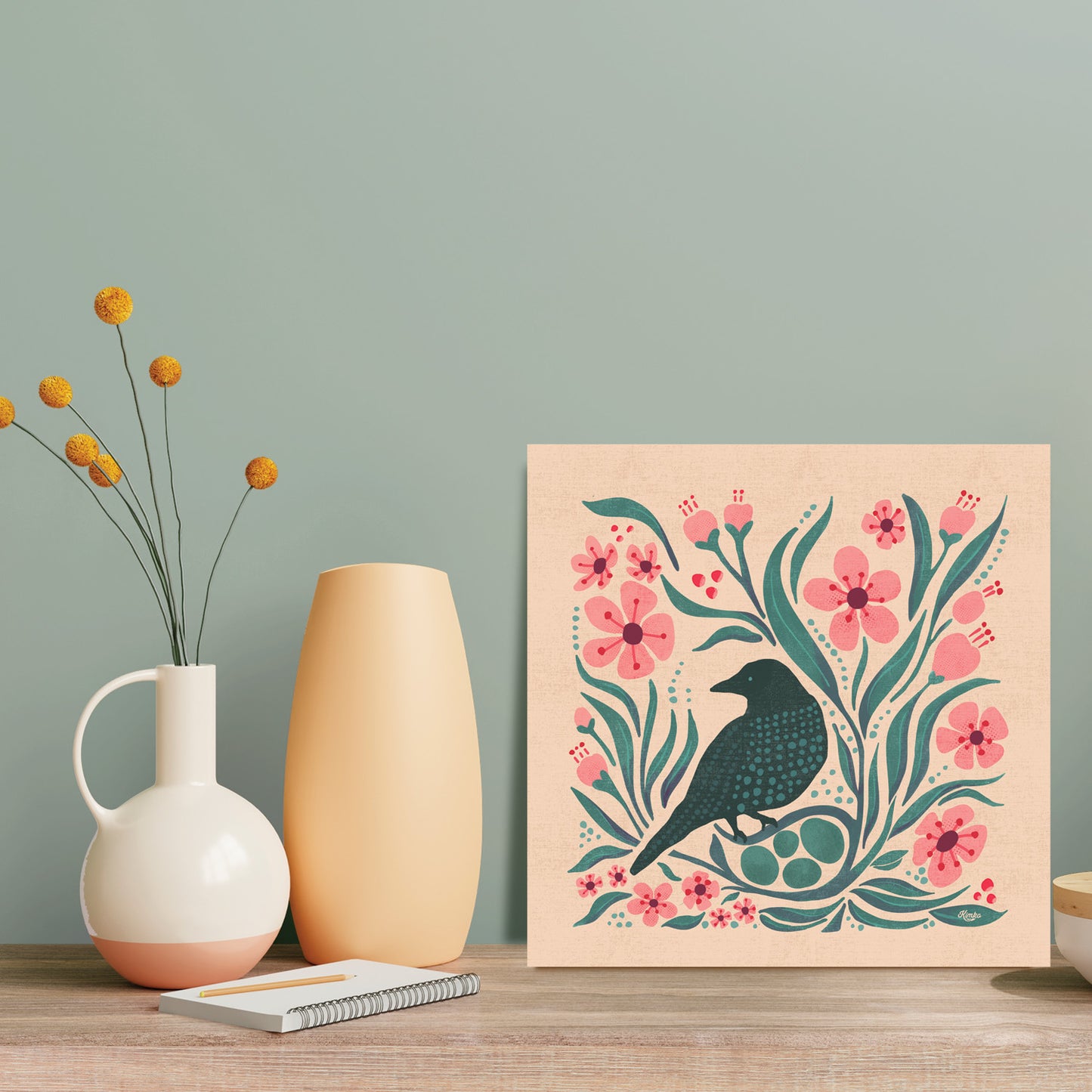 Blue Bird Fly Botanical Print | Cherry Blossoms and Black Bird Nest | Spring Blooms | Folk Art | Flora and Fauna | Artist Illustrated