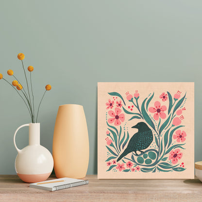 Blue Bird Fly Botanical Print | Cherry Blossoms and Black Bird Nest | Spring Blooms | Folk Art | Flora and Fauna | Artist Illustrated