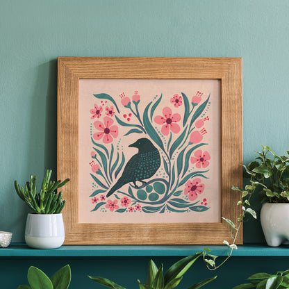 Blue Bird Fly Botanical Print | Cherry Blossoms and Black Bird Nest | Spring Blooms | Folk Art | Flora and Fauna | Artist Illustrated