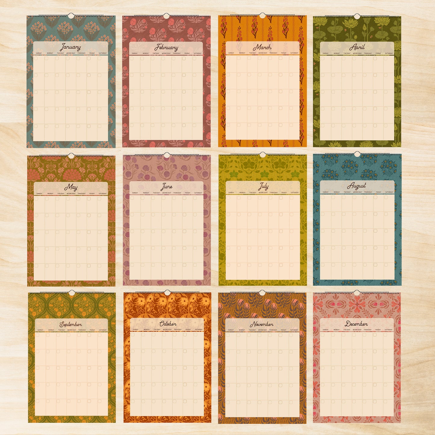 Folk Floral Patterns Monthly Calendar | Custom Start & Undated