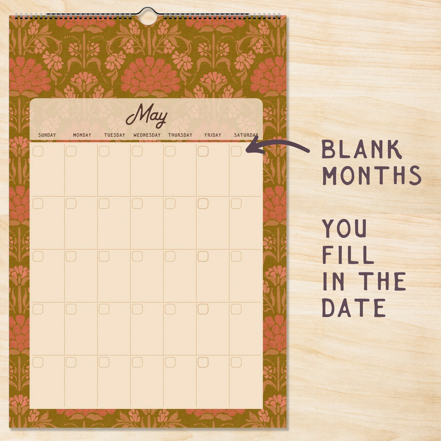 Folk Floral Patterns Monthly Calendar | Custom Start & Undated