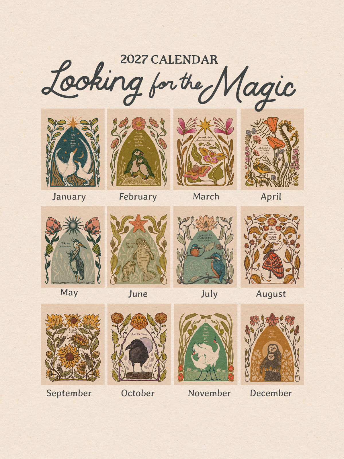 2027 Illustrated "Looking for the Magic" Botanical Birds & Floral  Wall Calendar