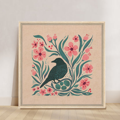 Blue Bird Fly Framed Canvas Print | Cherry Blossoms and Black Bird Nest | Spring Blooms | Folk Art