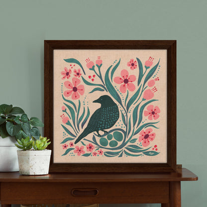 Blue Bird Fly Framed Canvas Print | Cherry Blossoms and Black Bird Nest | Spring Blooms | Folk Art