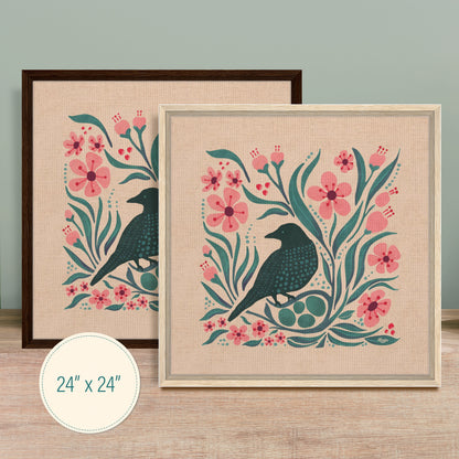 Blue Bird Fly Framed Canvas Print | Cherry Blossoms and Black Bird Nest | Spring Blooms | Folk Art