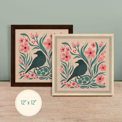 Blue Bird Fly Framed Canvas Print | Cherry Blossoms and Black Bird Nest | Spring Blooms | Folk Art