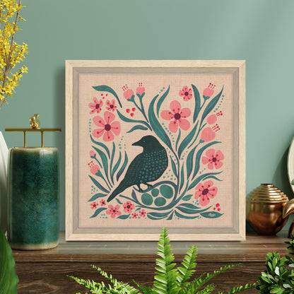 Blue Bird Fly Framed Canvas Print | Cherry Blossoms and Black Bird Nest | Spring Blooms | Folk Art